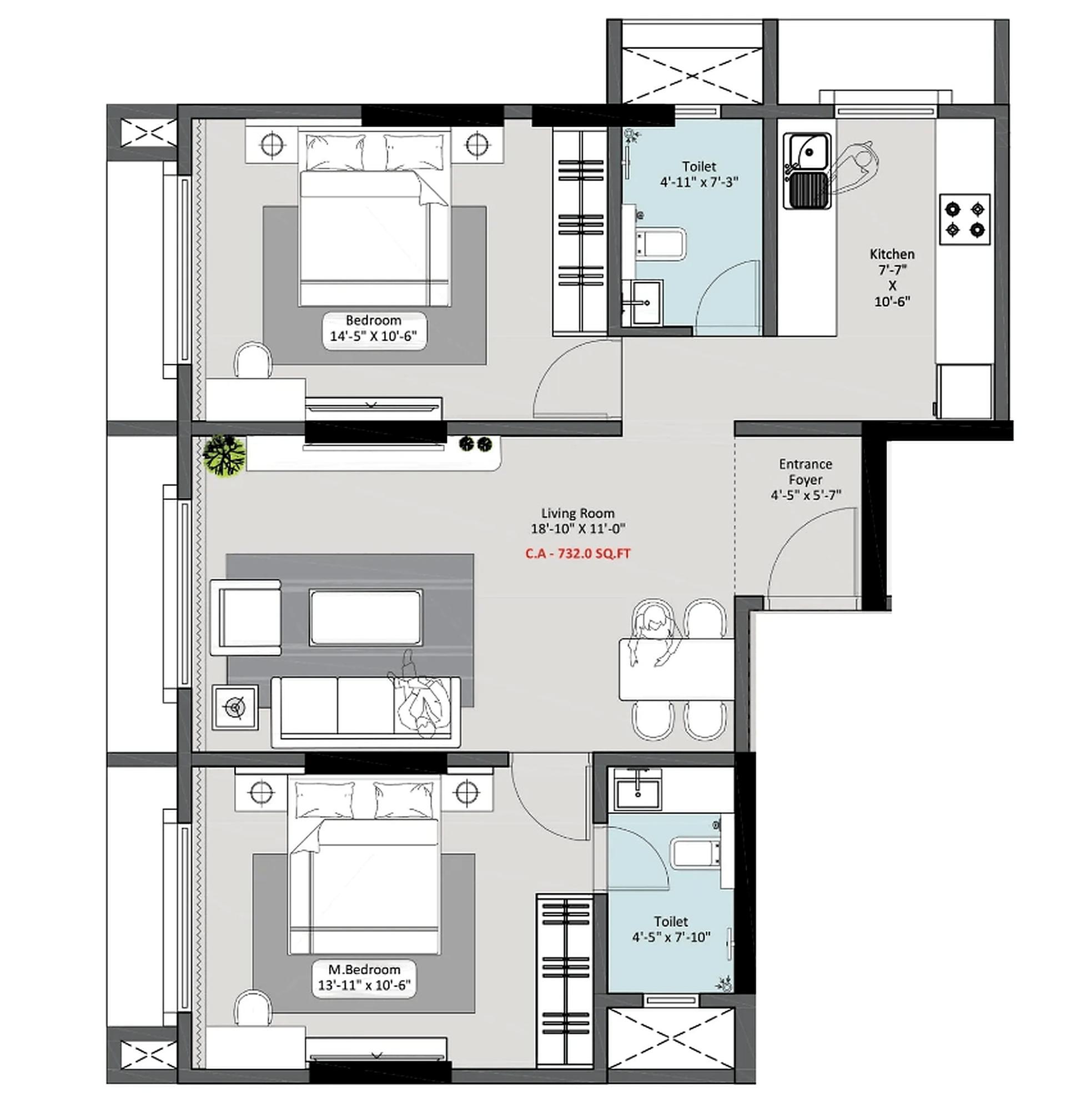 2BHK floor plan