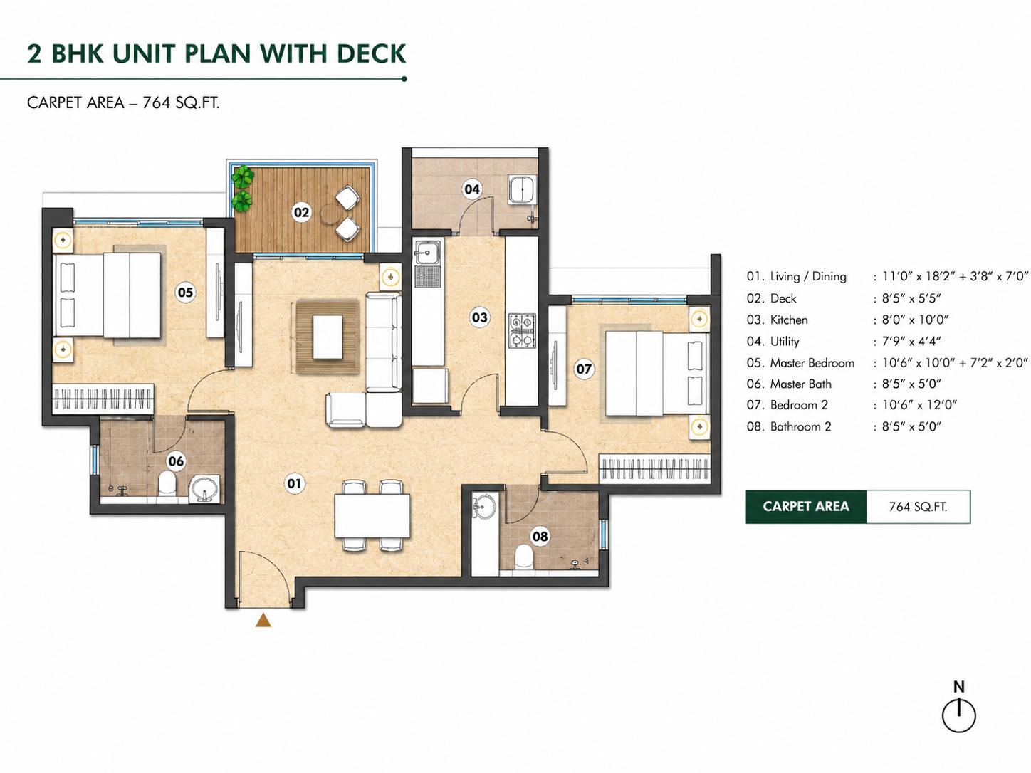 2BHK Grand floor plan