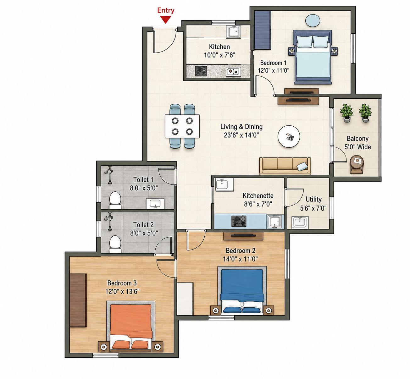 3BHK Elite floor plan