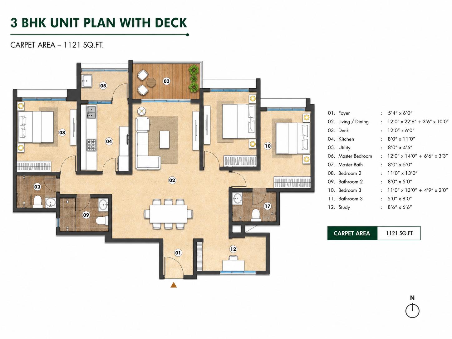 3BHK Grand floor plan
