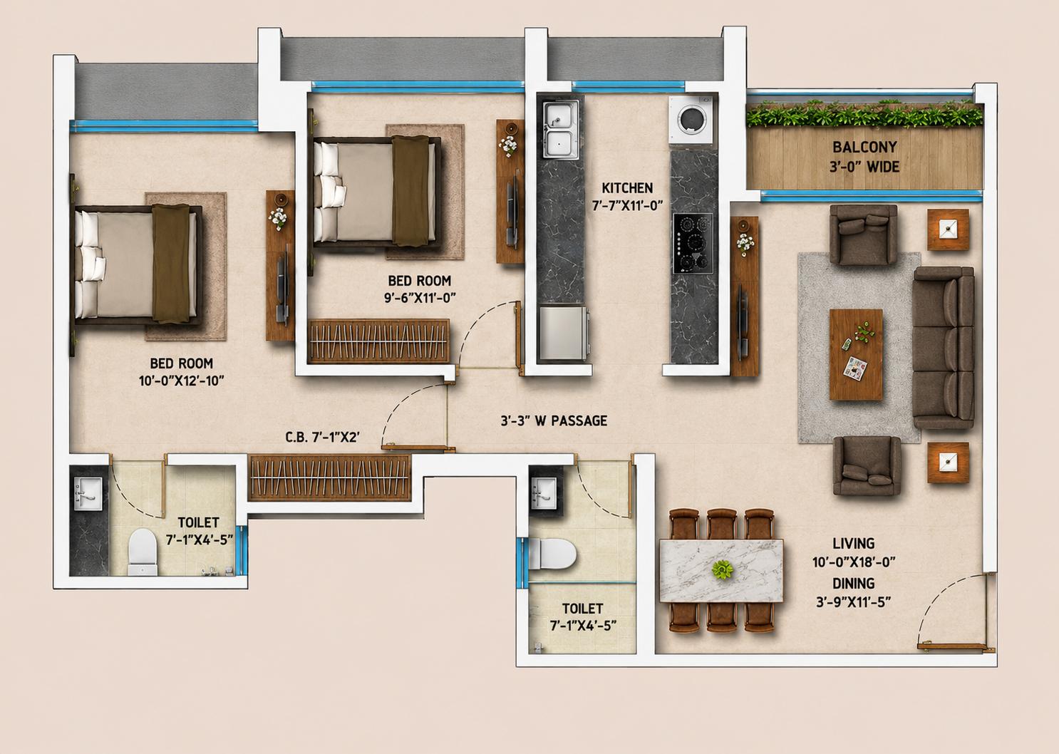 2 BHK Type4 floor plan