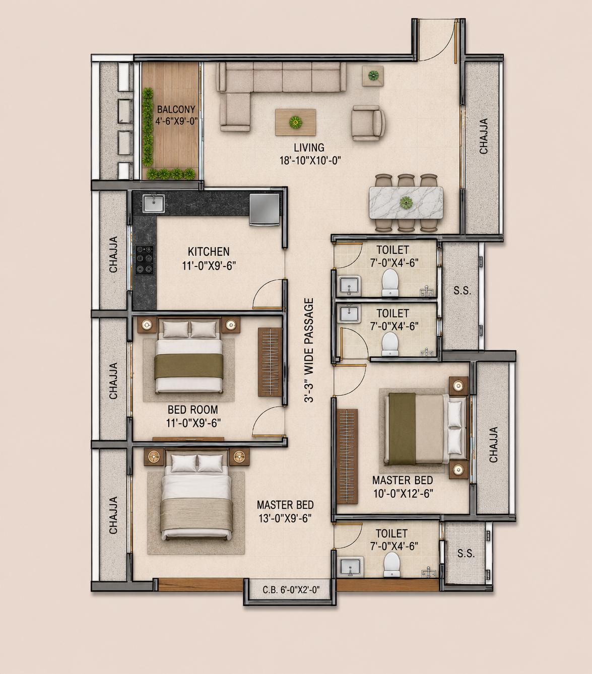 3 BHK Type1 floor plan