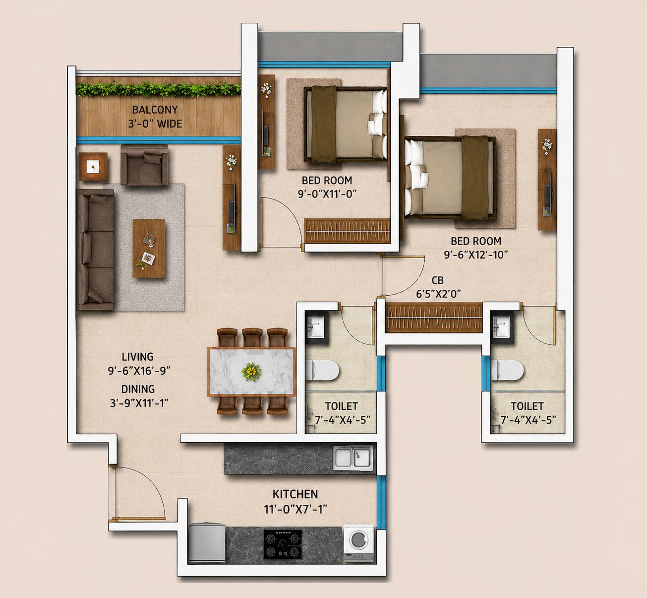 2 BHK Type2 floor plan