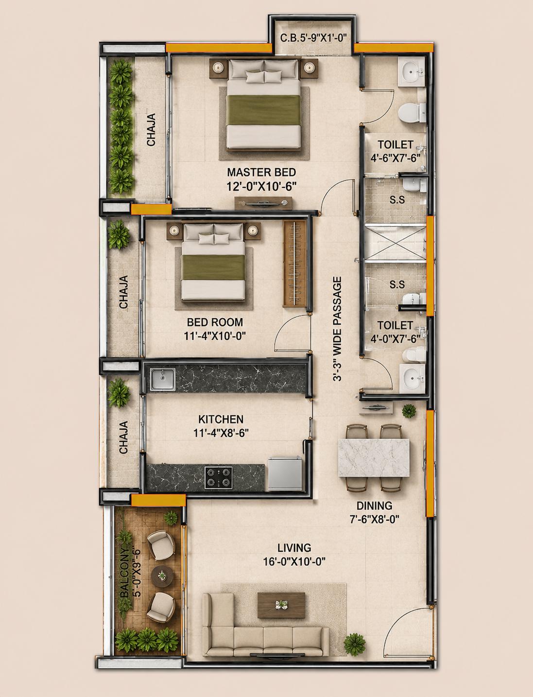 2 BHK Type3 floor plan