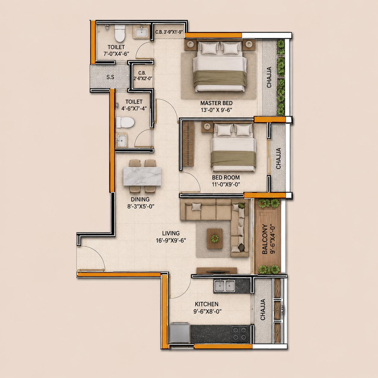 2 BHK Type1 floor plan