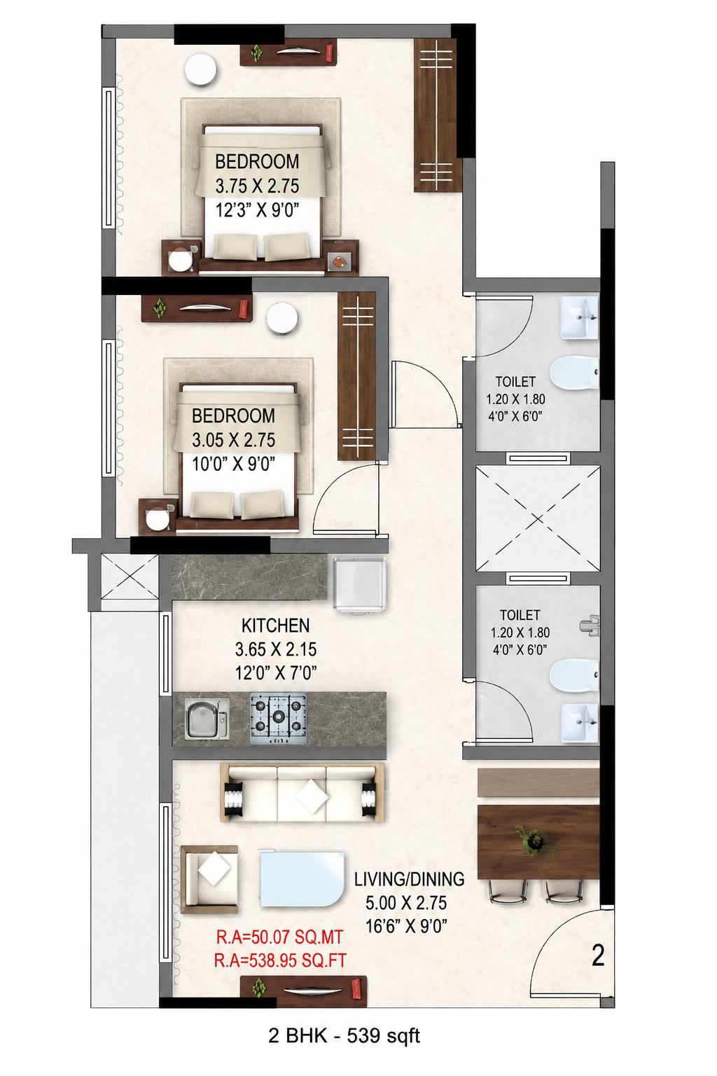 2BHK floor plan