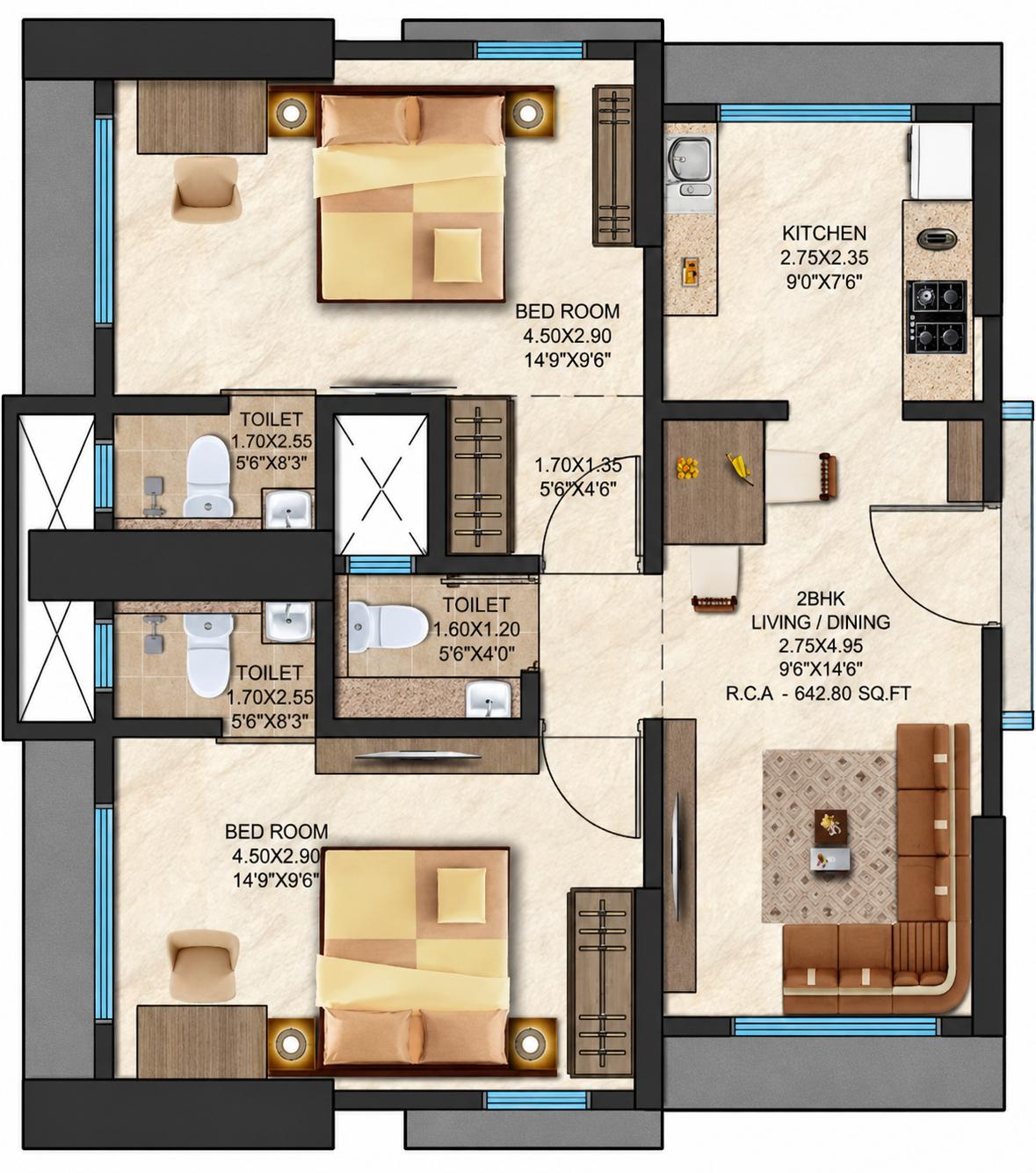 2BHK floor plan
