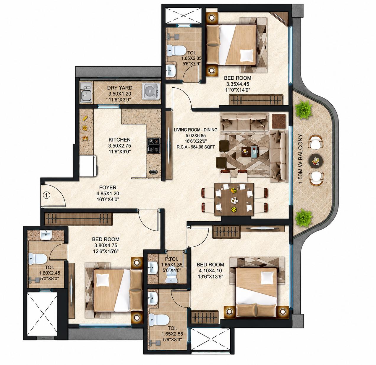 3BHK floor plan
