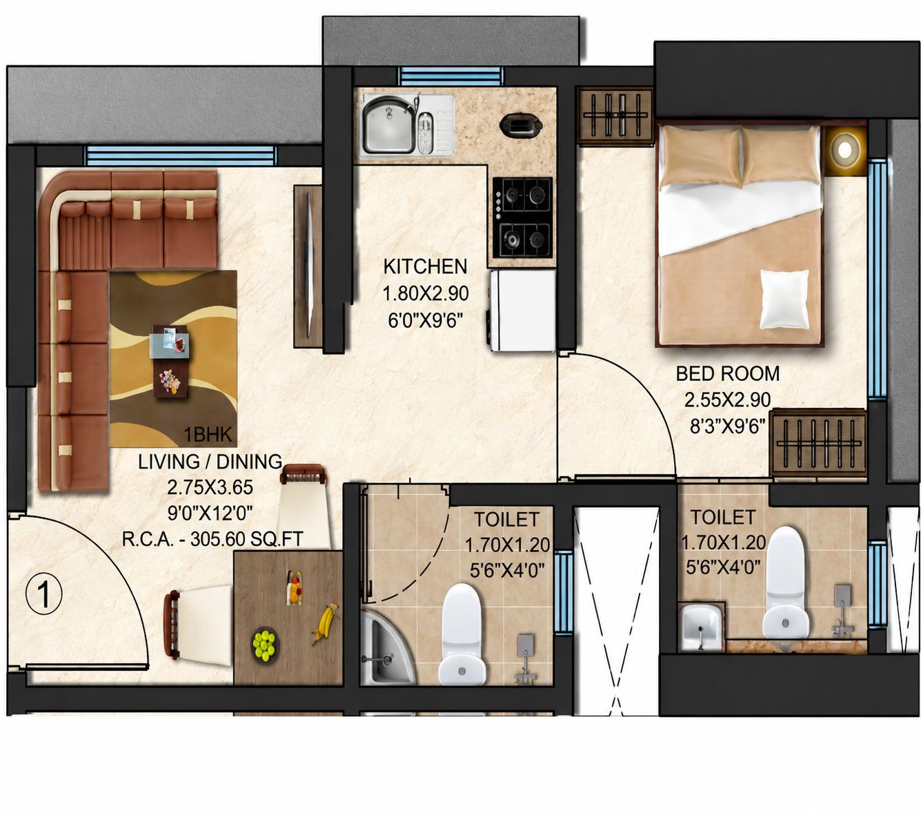 1BHK floor plan
