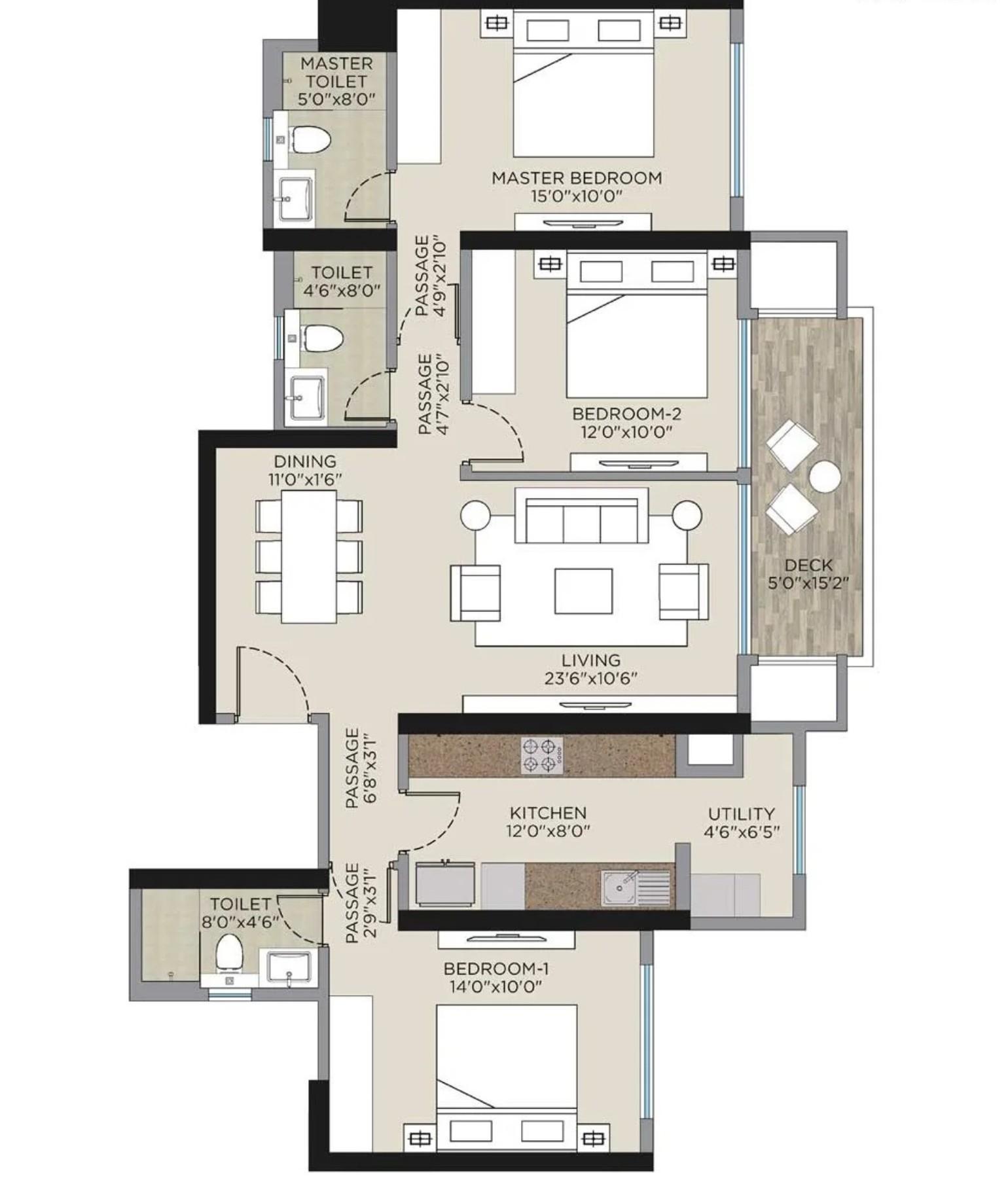 3 BHK T1 floor plan