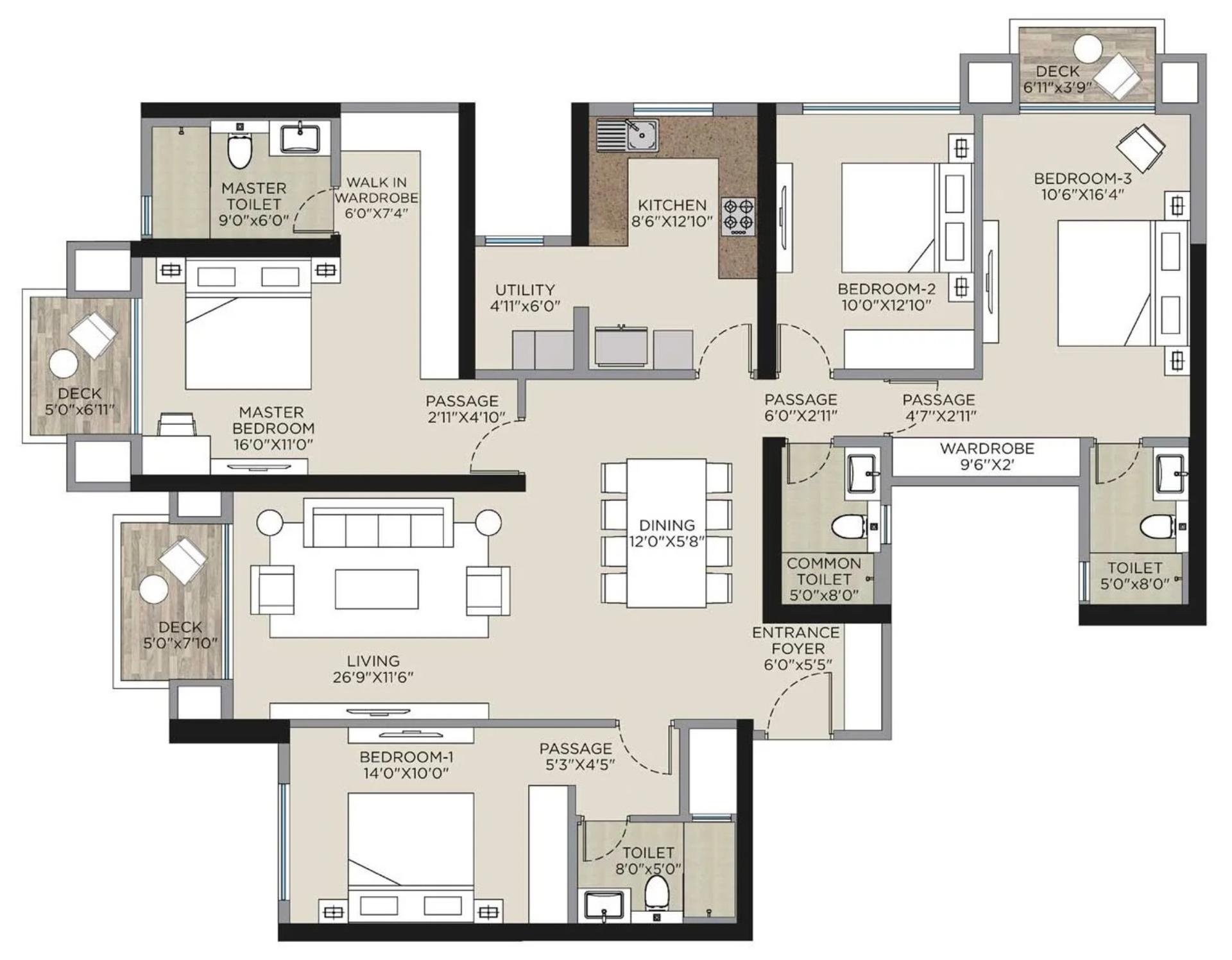 4 BHK T2 floor plan