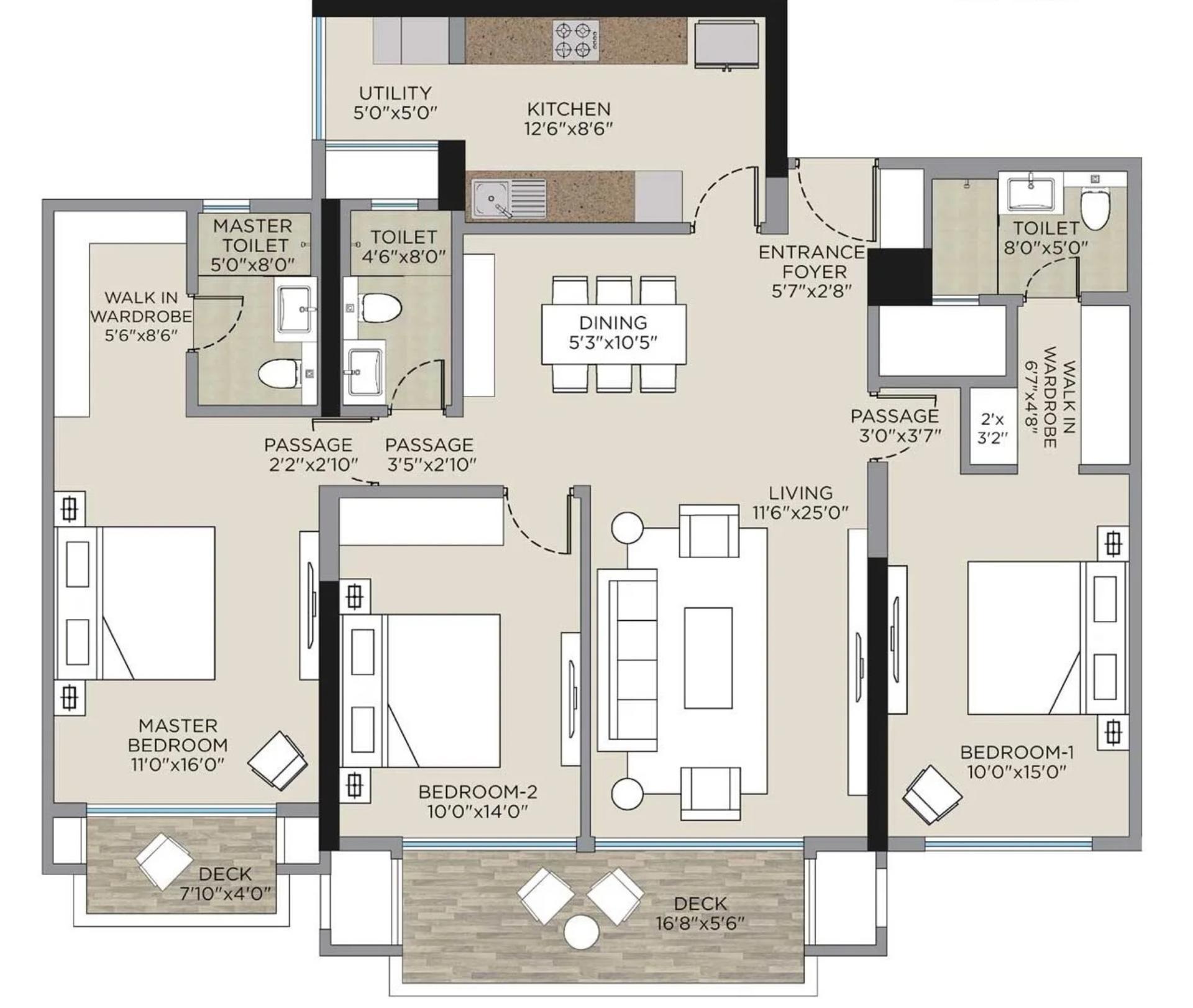 3 BHK T6 floor plan