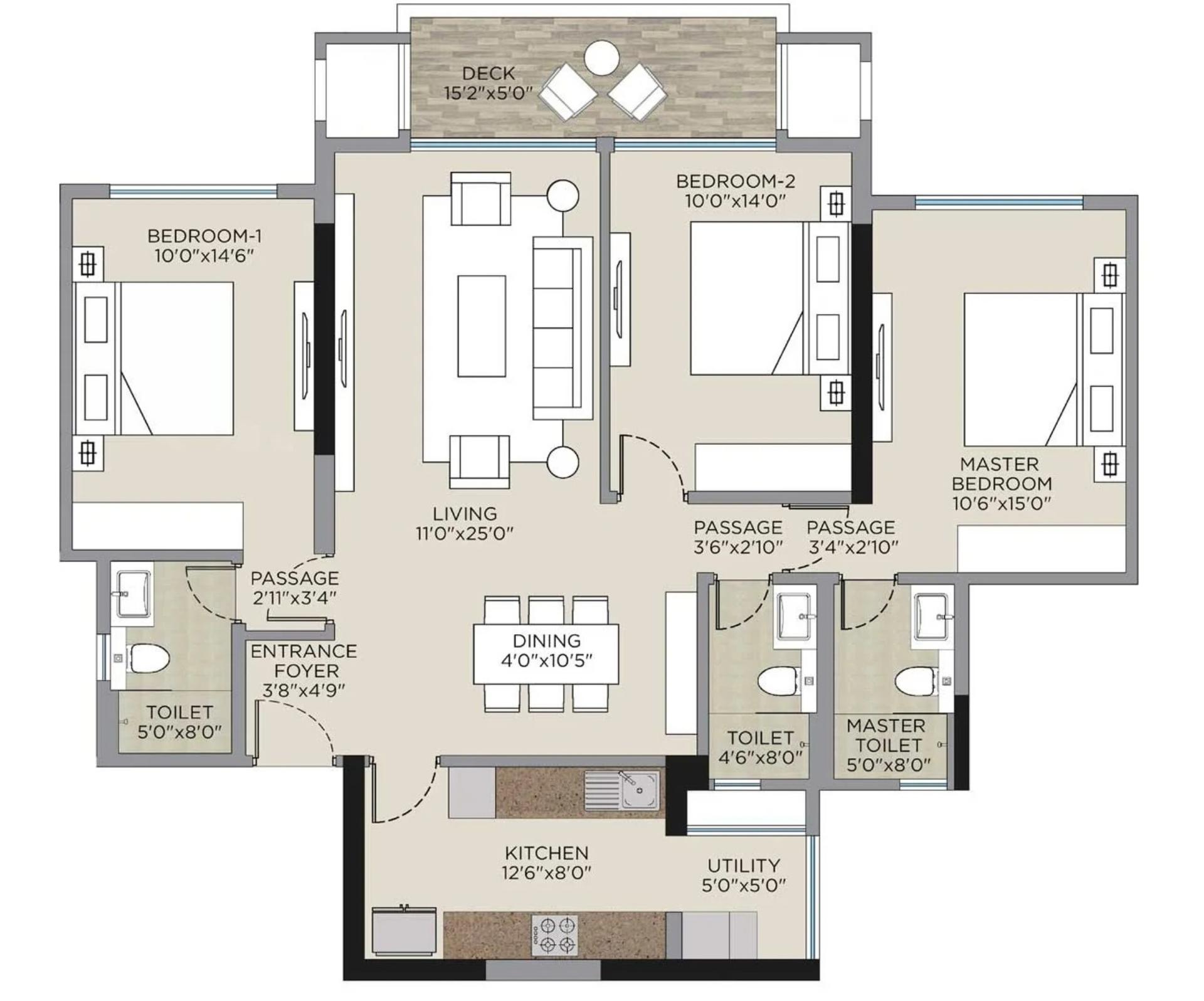 3 BHK T3 floor plan