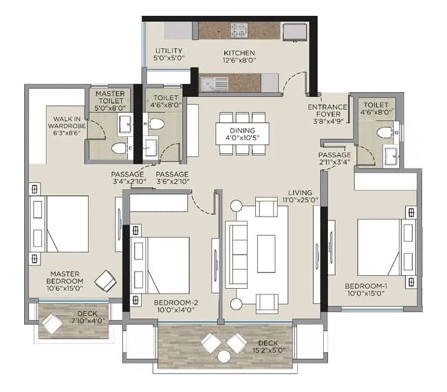 3 BHK T4 floor plan