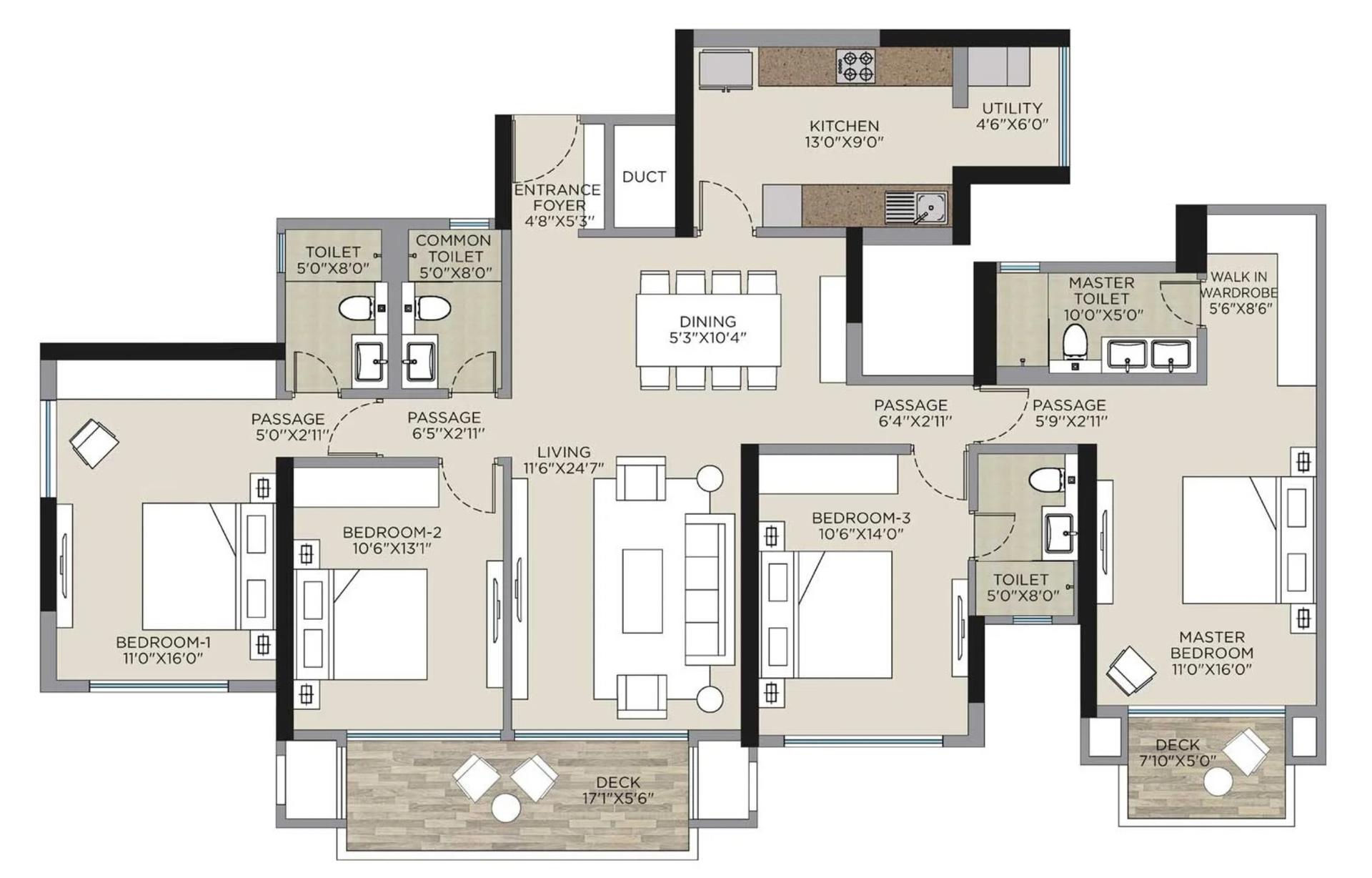 4 BHK T1 floor plan