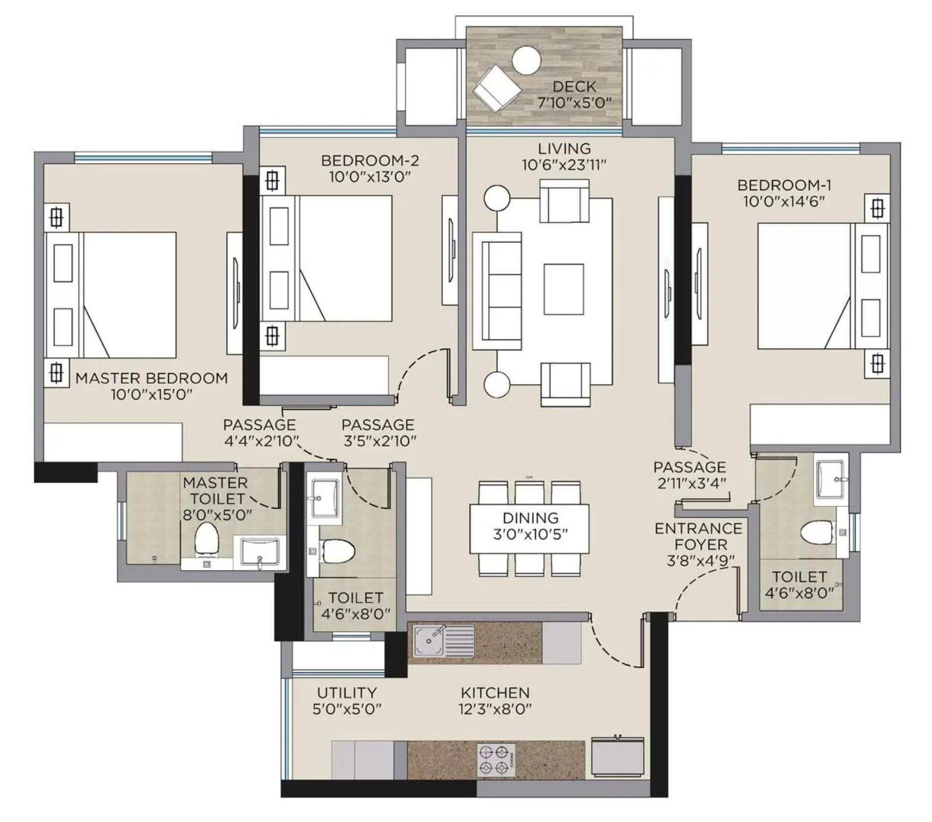 3 BHK T2 floor plan