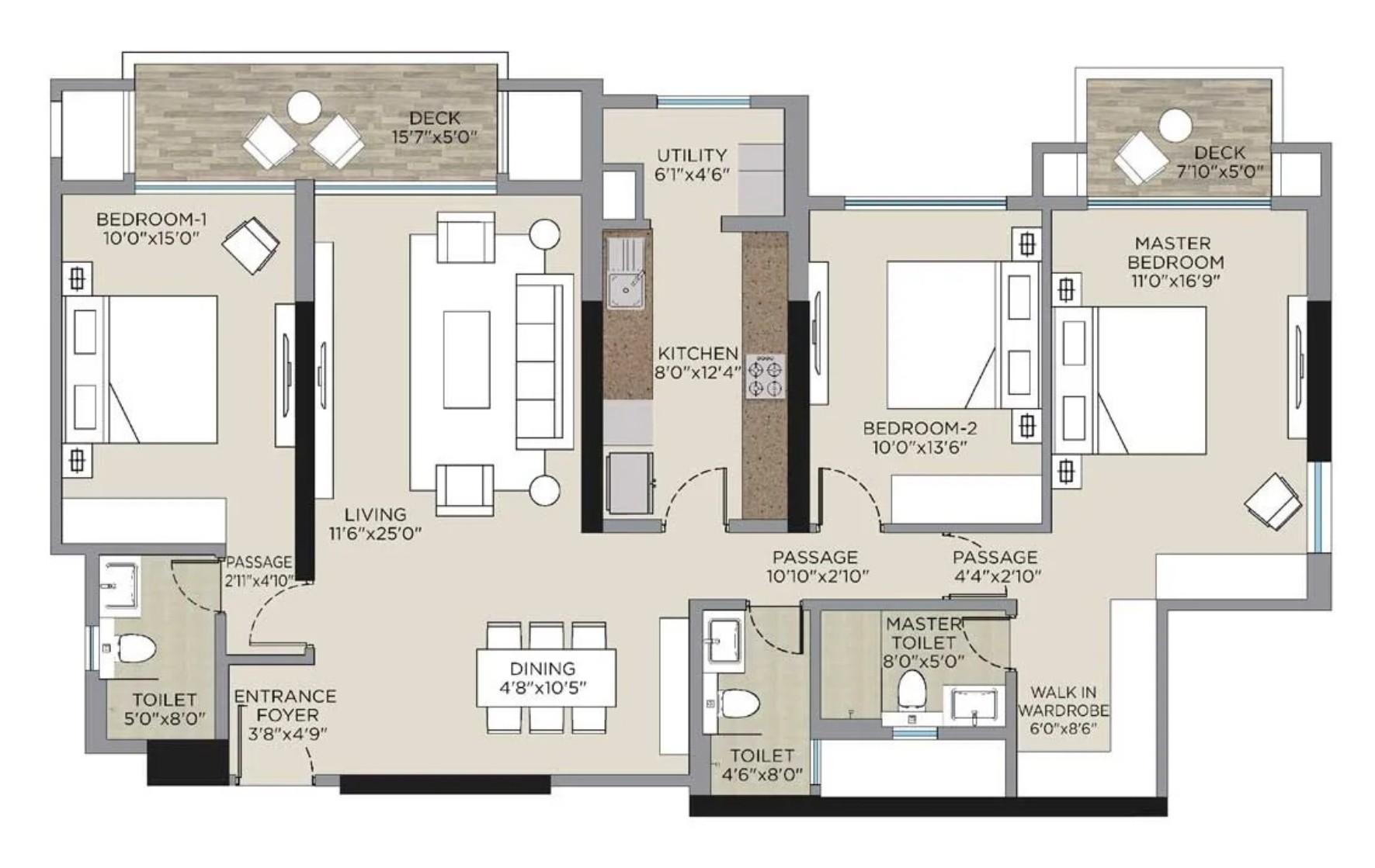 3 BHK T5 floor plan