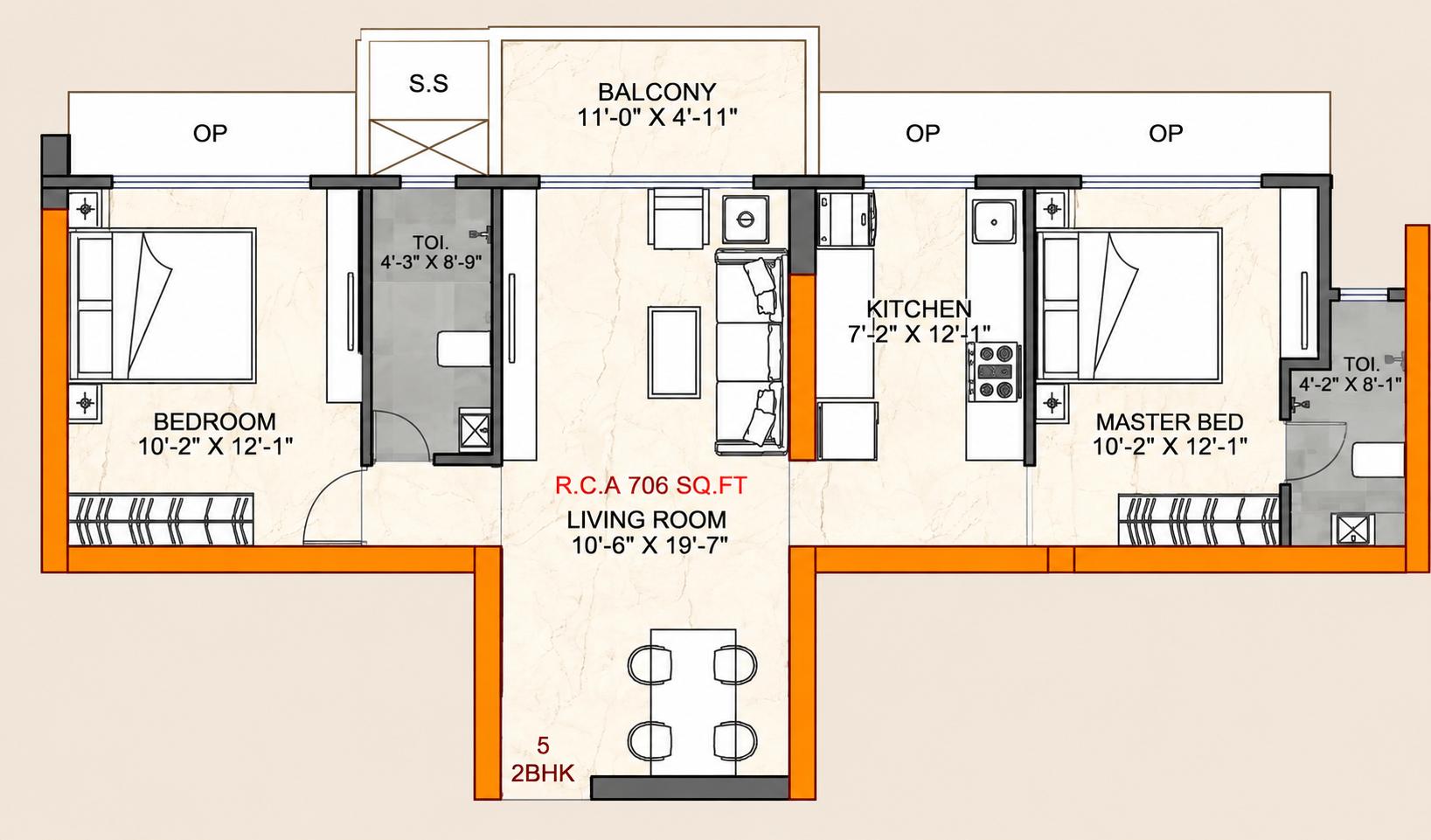 2BHK Elite floor plan