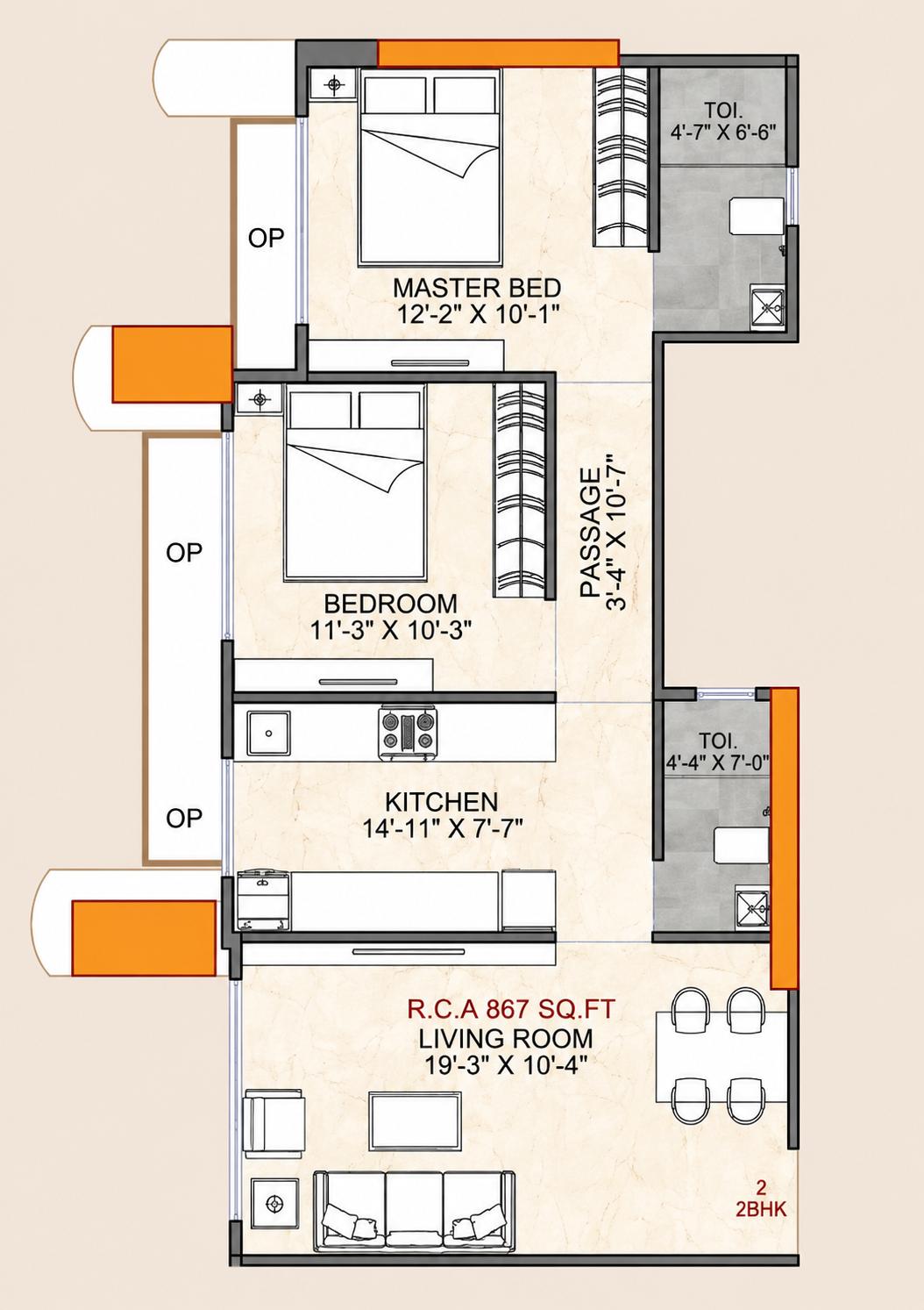 2BHK floor plan