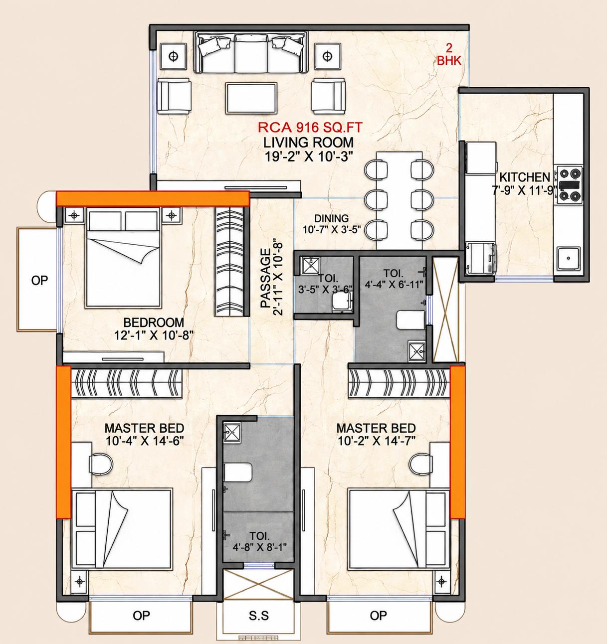 3BHK floor plan