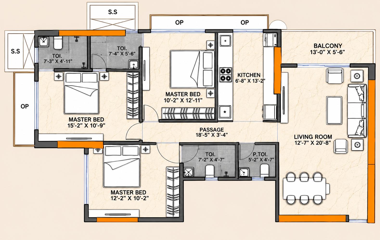 3BHK Elite floor plan