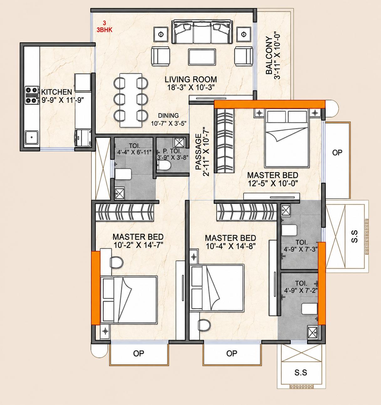 3BHK Premium floor plan