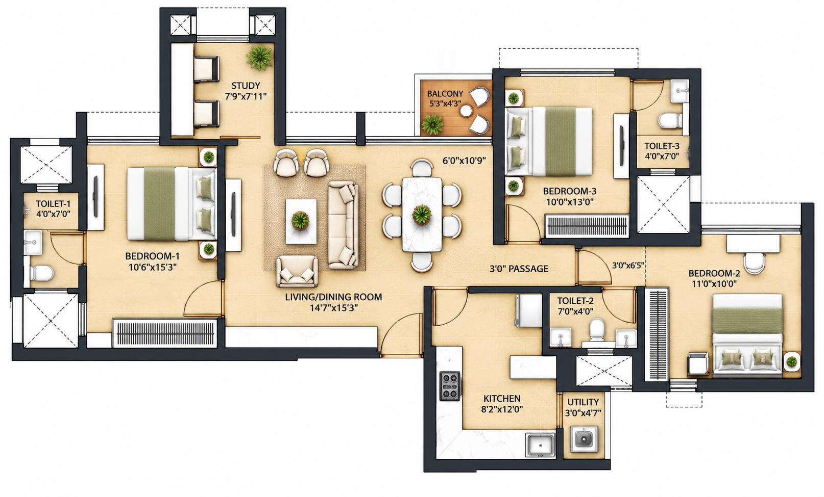 3BHK (1+3) Jodi floor plan