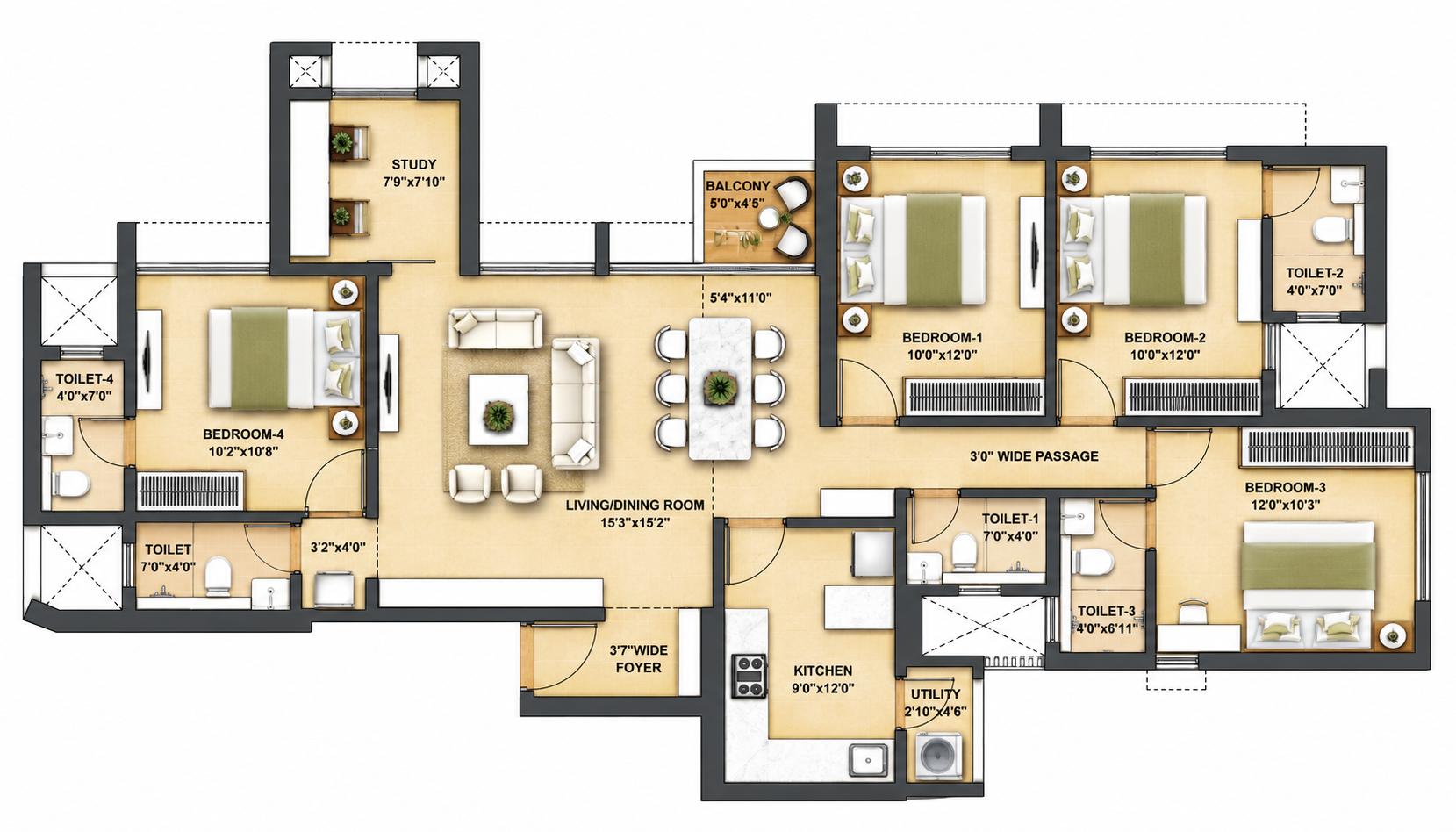 4BHK (1+3) Jodi floor plan