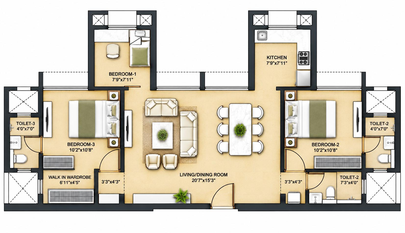 3BHK ( 1+1) Jodi floor plan
