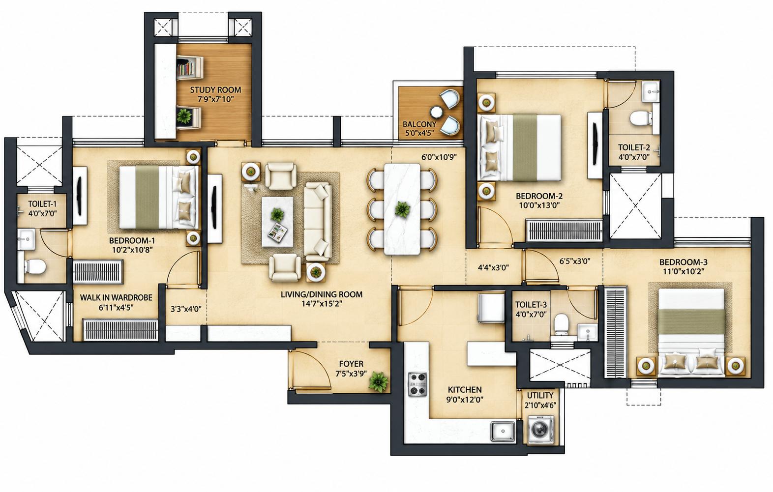 3BHK (1+2) Jodi floor plan
