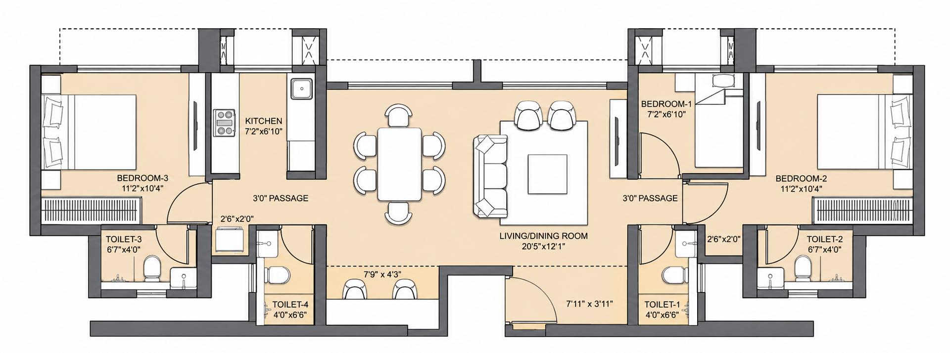 3BHK ( 1+1) Jodi floor plan