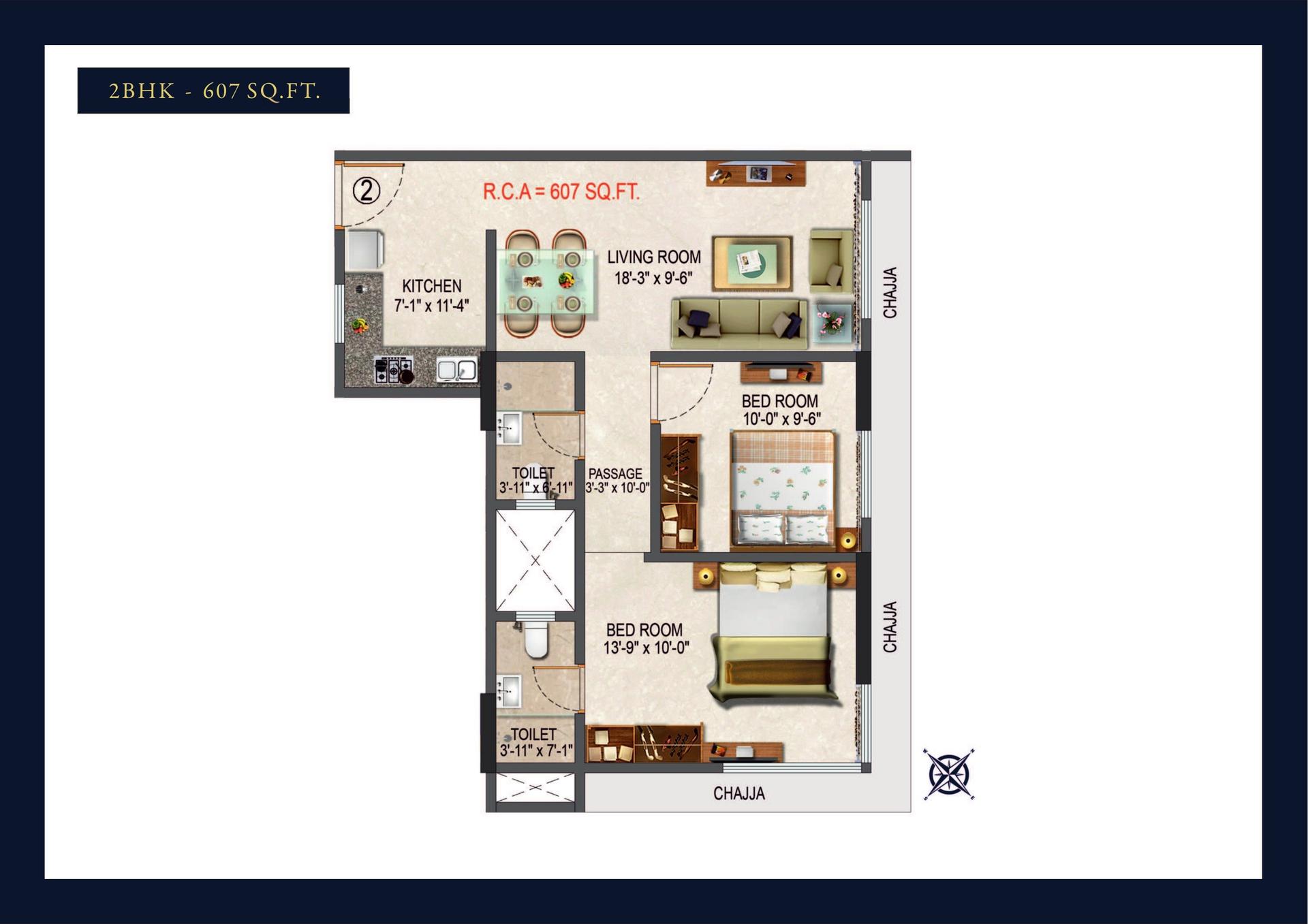 2 BHK T3 floor plan