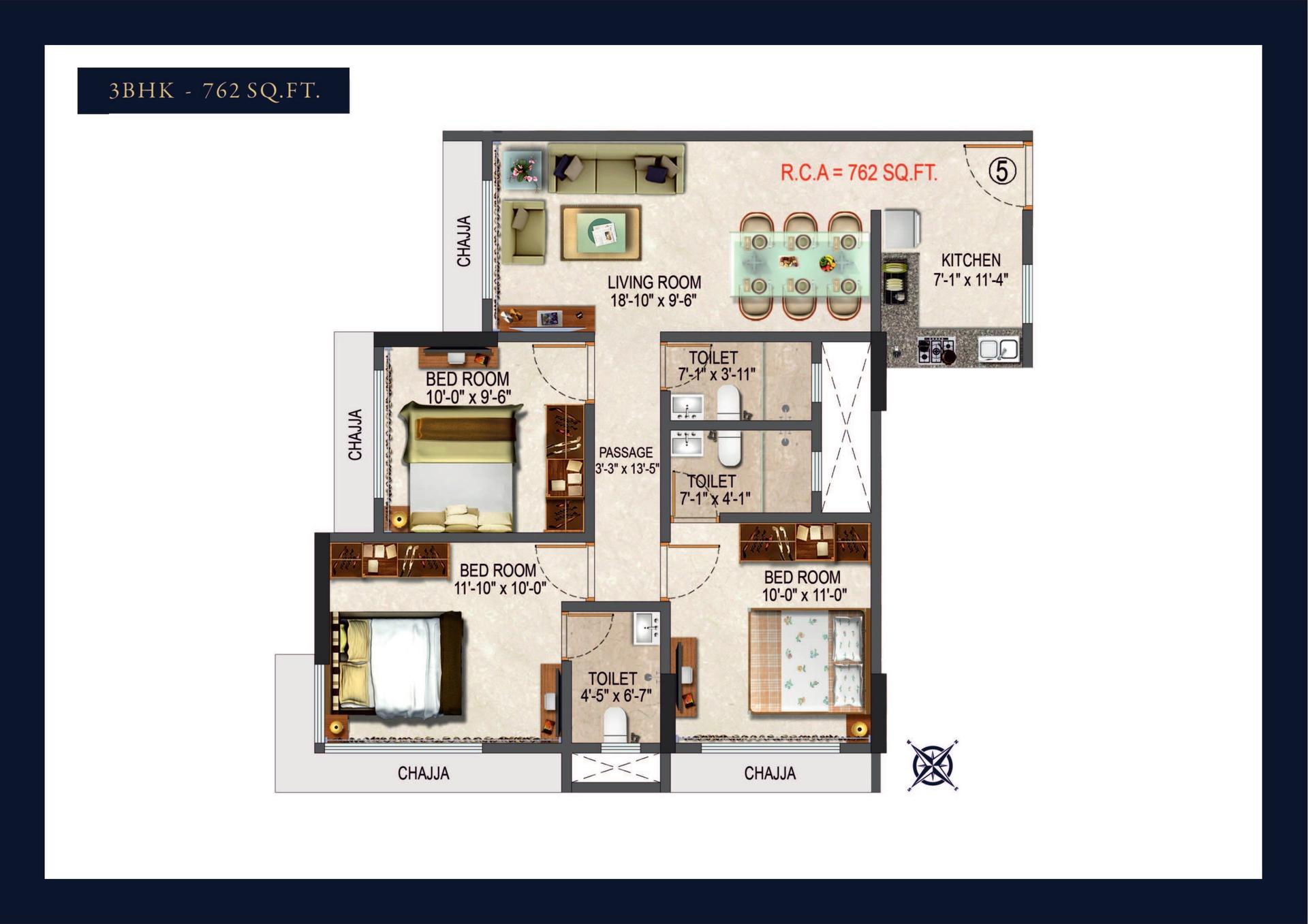 3 BHK floor plan
