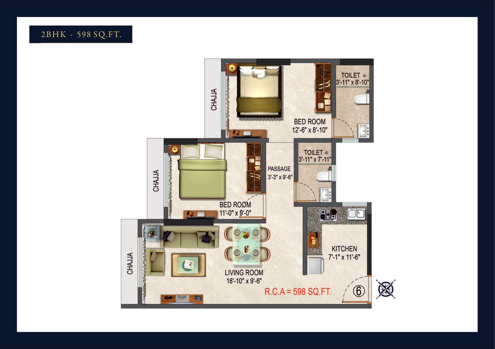 2 BHK T2 floor plan