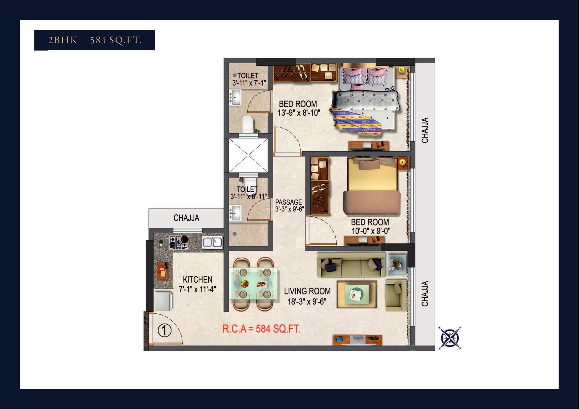 2 BHK T1 floor plan