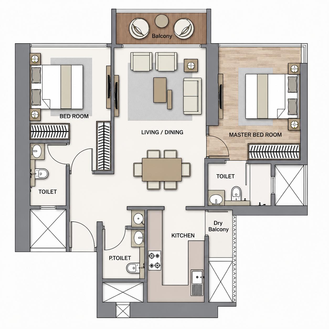 2BHK Grand floor plan