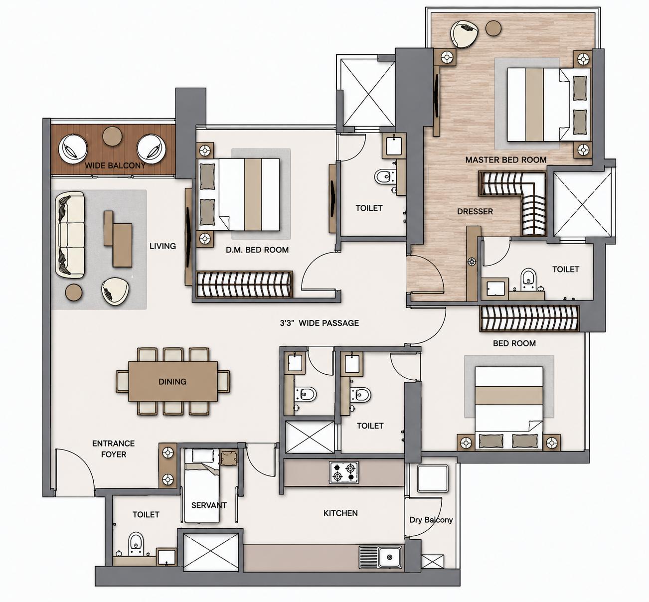 3BHK Grand floor plan