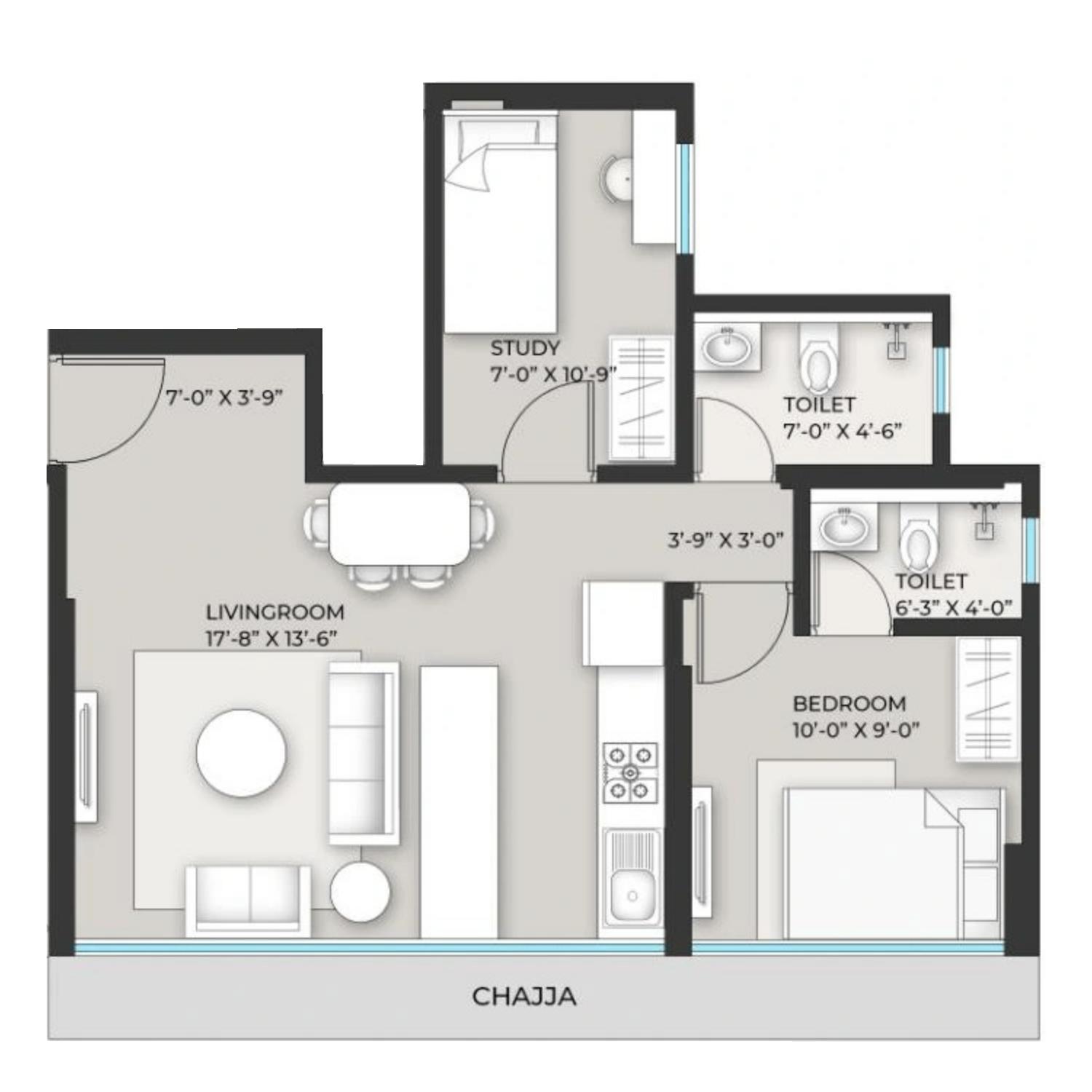 1.5 BHK T2 floor plan