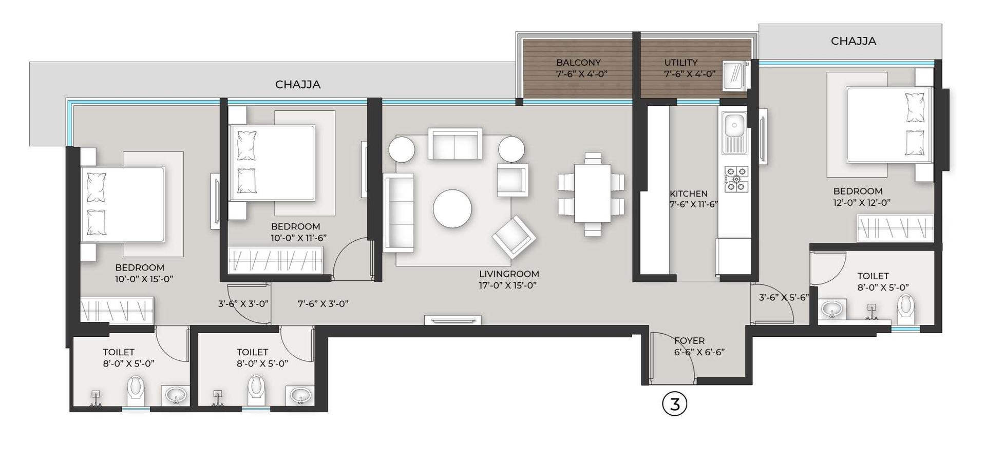 3 BHK floor plan