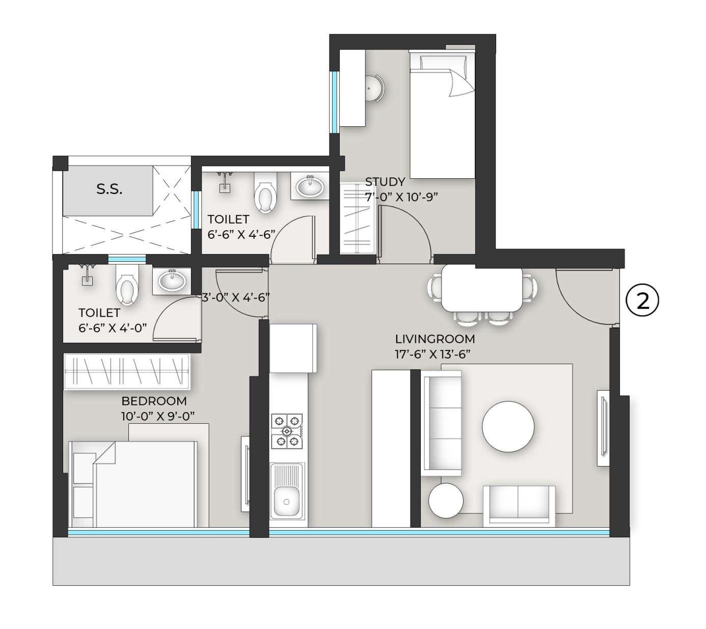 1.5 BHK T1 floor plan