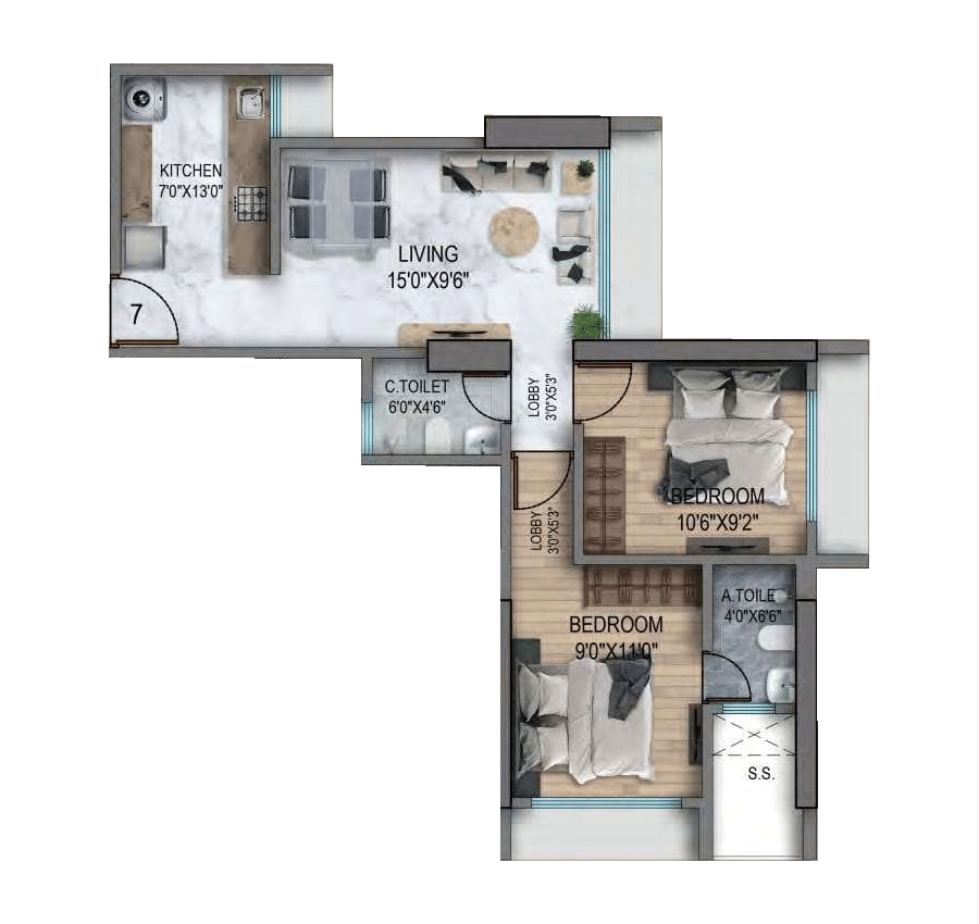 2 BHK floor plan