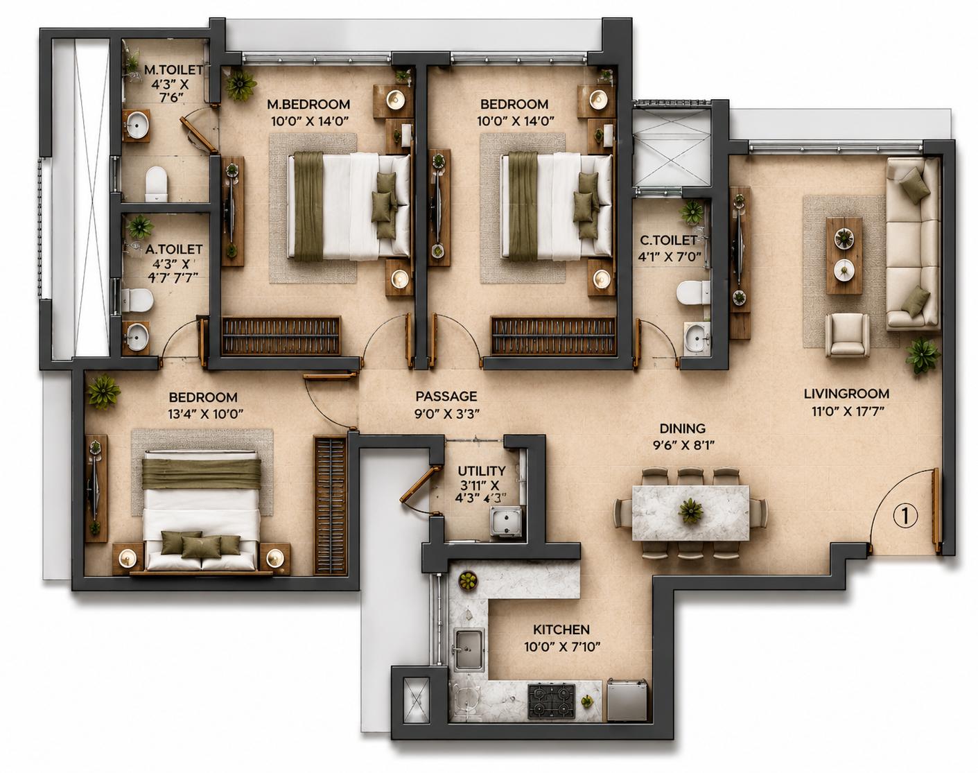 3BHK floor plan