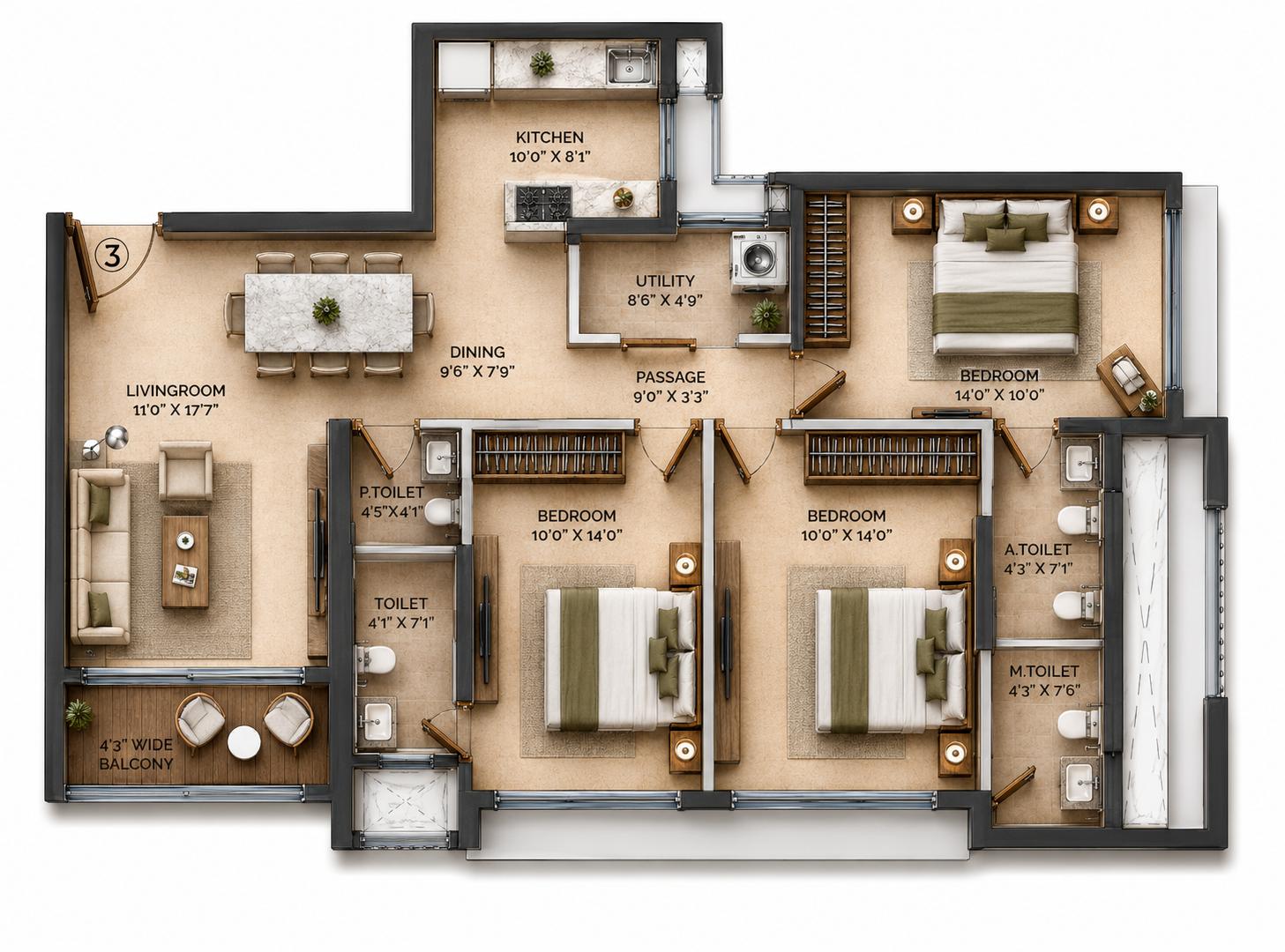 3BHK Elite floor plan
