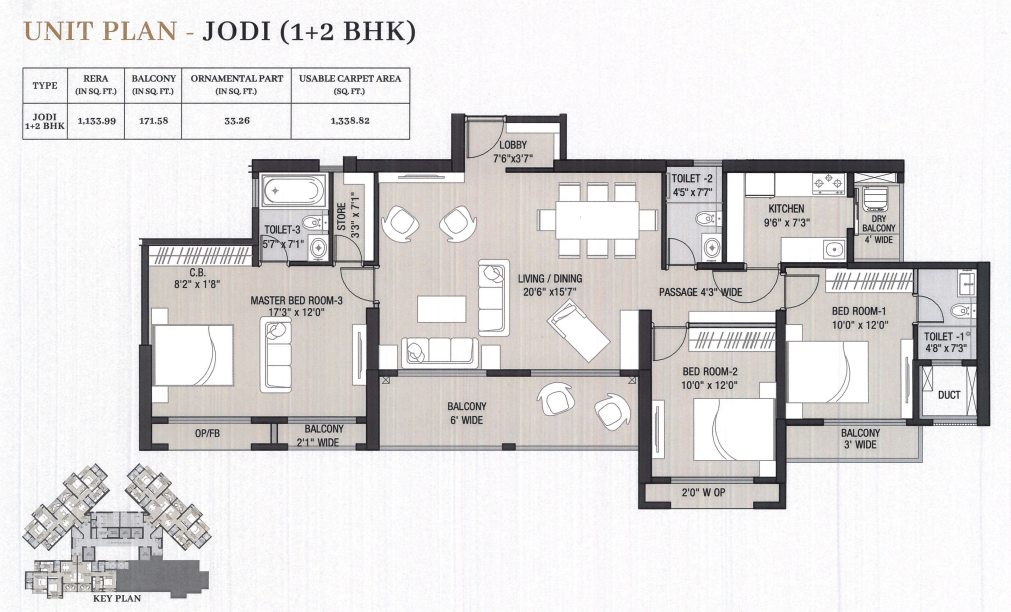 2+1BHK - Jodi floor plan