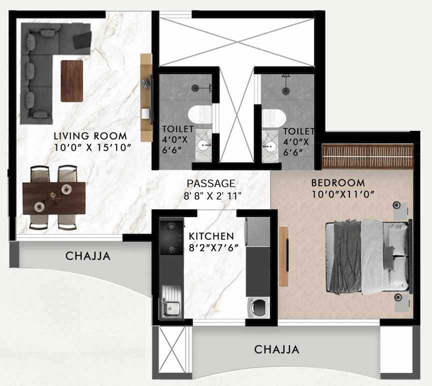 1 BHK T2 floor plan
