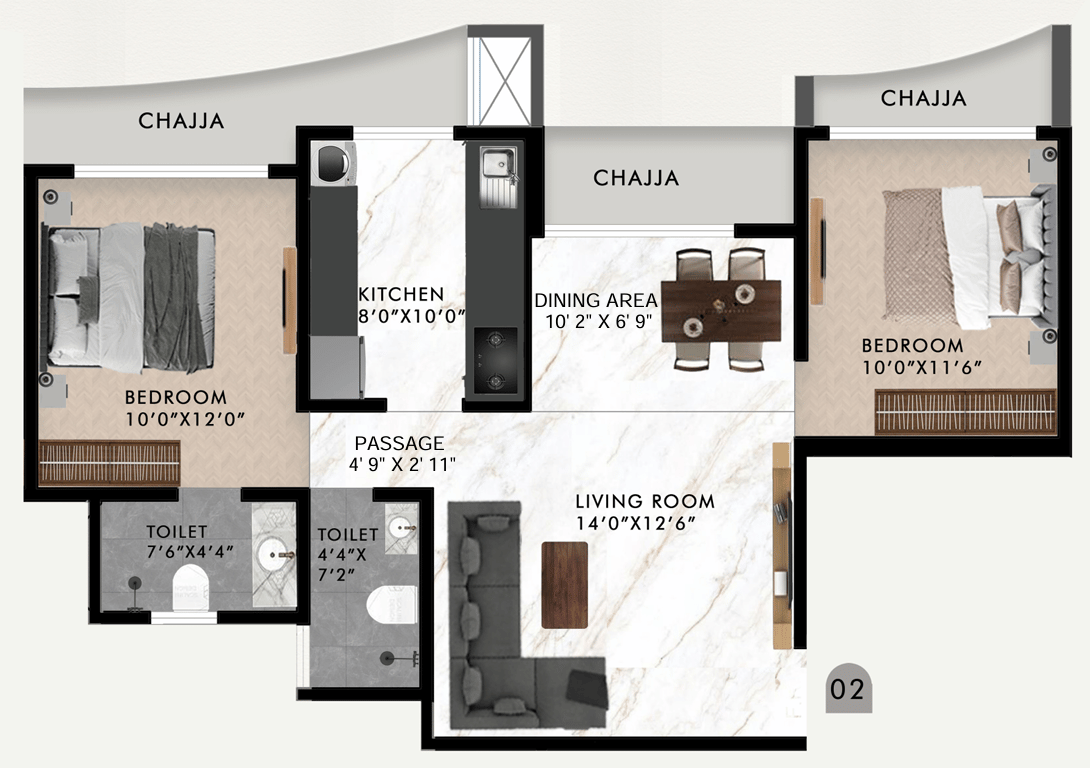 2 BHK floor plan