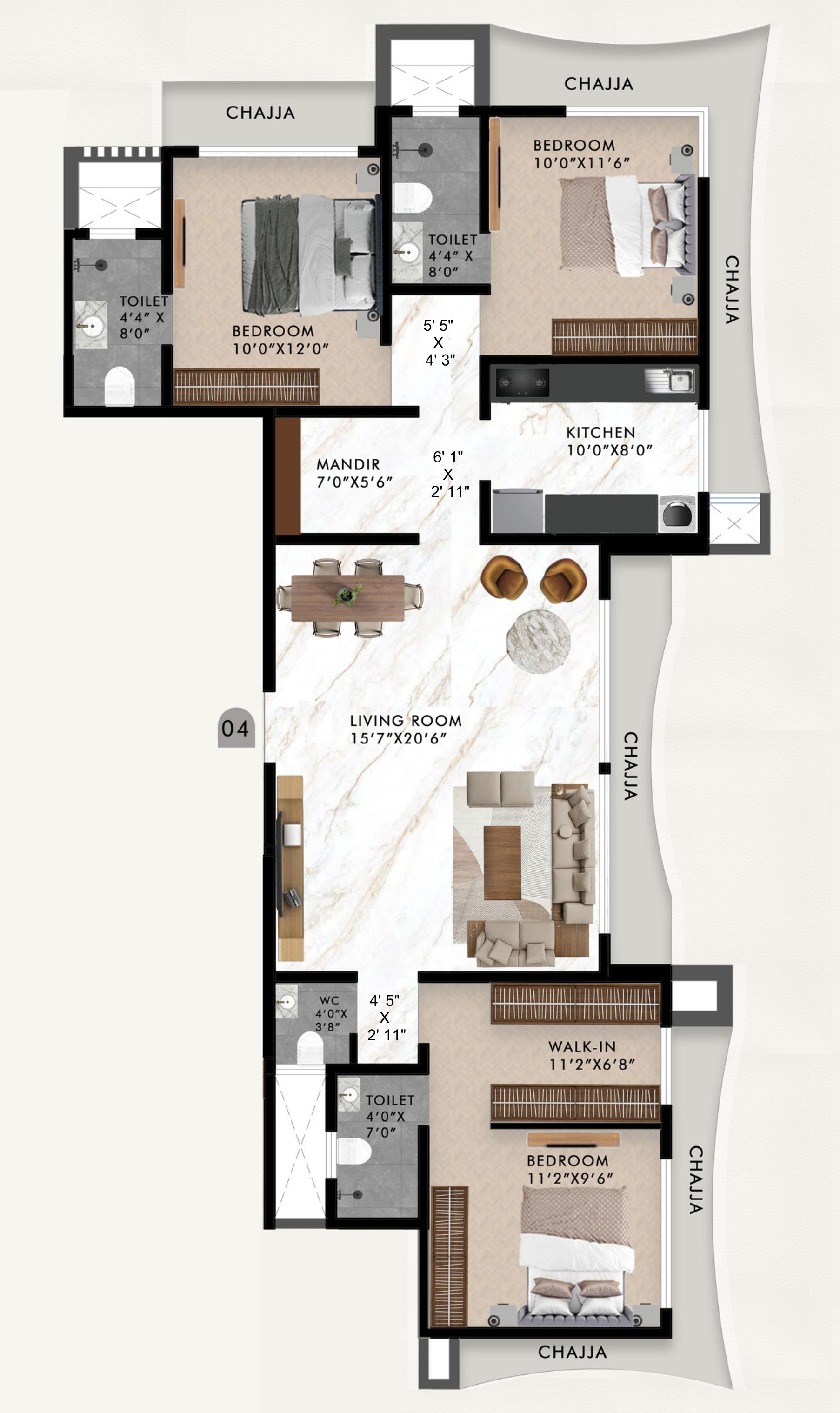 3 BHK floor plan