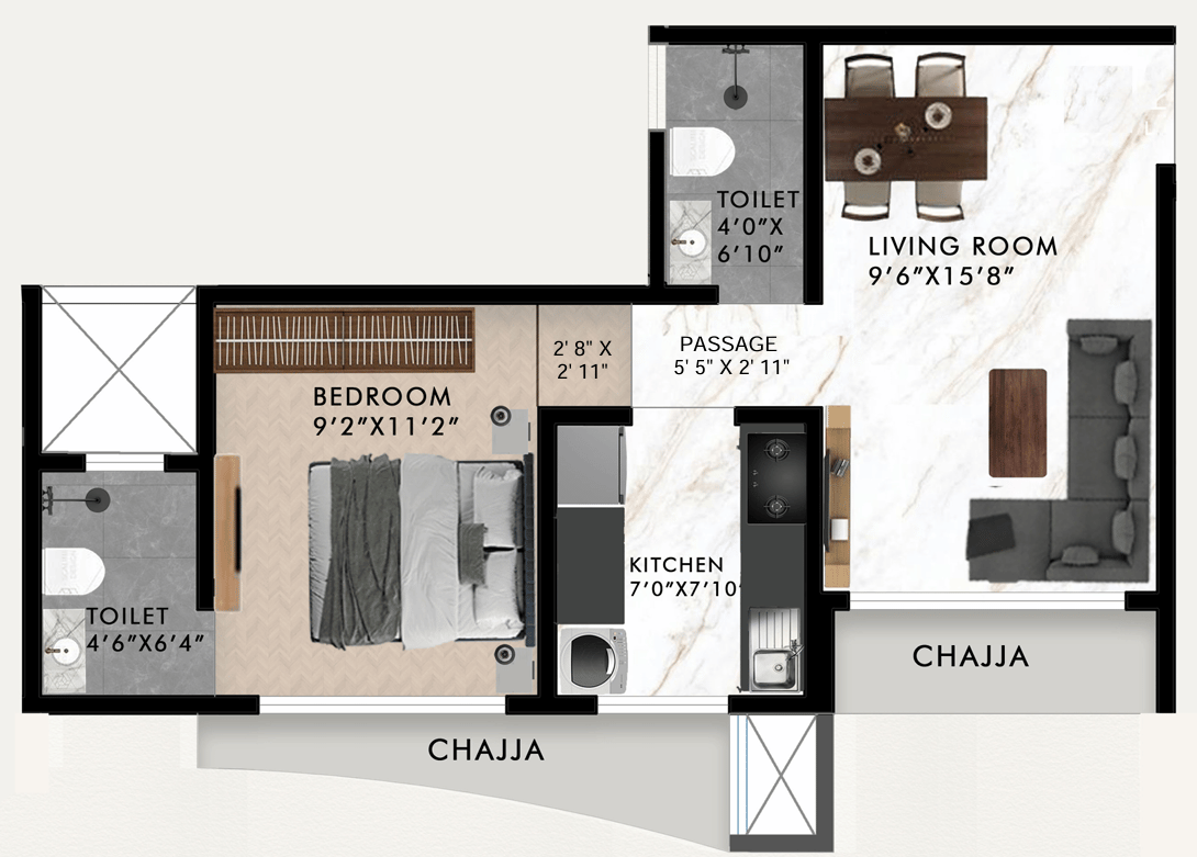 1 BHK T1 floor plan