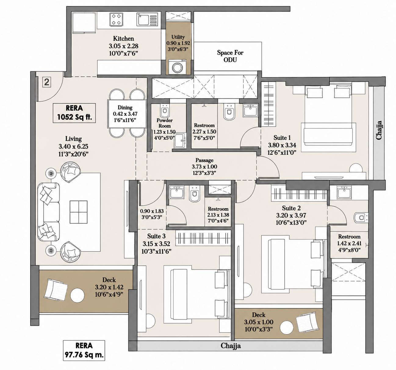 3BHK floor plan