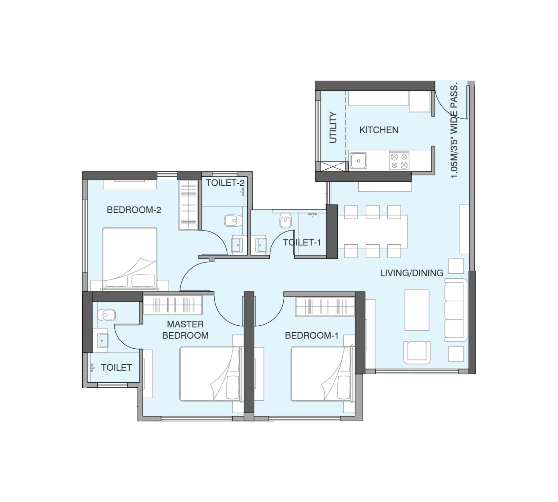 3BHK Type1 floor plan
